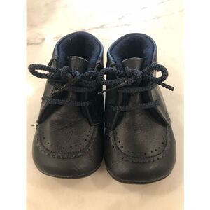 Cuquito Navy Leather Embossed Lace Up Baby Shoes, Sz 2